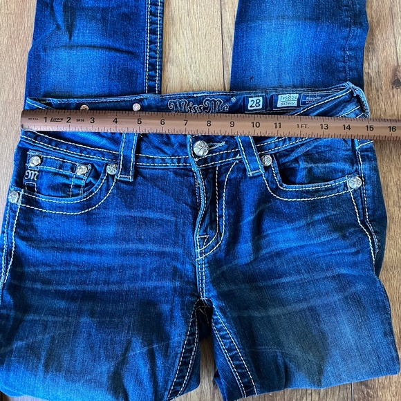 Miss Me Dark Wash Skinny Jeans Bling Pockets Fleur De Lis - 28 - Picture 11 of 13